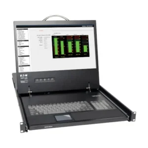 Eaton B021-000-19 1U Rack-Mount Console with 19 in. LCD, TAA - 1 Computer(s) shown open with keyboard and display screen