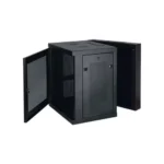 Angled side view of Eaton SRW12US 12U Low-Profile Wall-Mount Rack showing wall-mount design and cable access openings