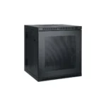 Eaton SRW12US 12U Low-Profile Wall-Mount Rack front view with tempered glass door and vented side panels