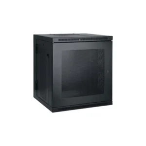 Eaton SRW12US 12U Low-Profile Wall-Mount Rack front view with tempered glass door and vented side panels