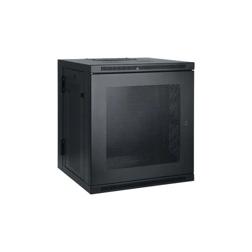Eaton SRW12US 12U Low-Profile Wall-Mount Rack front view with tempered glass door and vented side panels