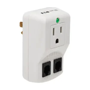 Eaton TravelCube 1-Outlet Portable Surge Protector plugged into a wall outlet for safe device charging