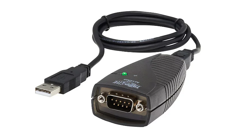 Close-up of Eaton USA-19HS USB to RS232 Serial Adapter Cable highlighting durable connectors and compact design