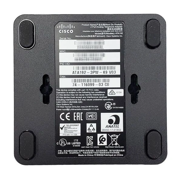 Angled rear view of Cisco ATA192-3PW-K9 highlighting Ethernet and power connections with compact, durable design.