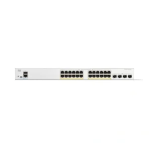 Front view of Cisco C1300-24T-4X showing 24 Ethernet ports and LED status indicators for enterprise network management.
