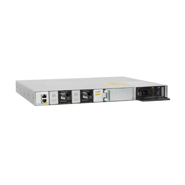 Angled perspective of Cisco C9200L-24T-4X-E highlighting compact rack-mount design and ventilation layout for reliable connectivity.