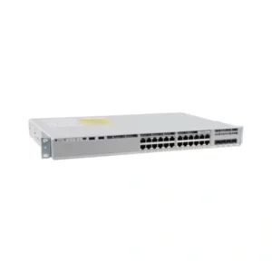 Front view of Cisco C9200L-24T-4X-E showing 24 Ethernet ports and integrated LED indicators for enterprise network management.