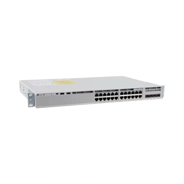 Front view of Cisco C9200L-24T-4X-E showing 24 Ethernet ports and integrated LED indicators for enterprise network management.