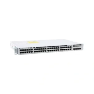 Front view of Cisco Catalyst C9200L-48P-4G-E showing 48 PoE+ Ethernet ports with LED indicators for enterprise network efficiency.