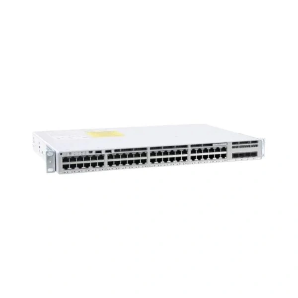 Front view of Cisco Catalyst C9200L-48P-4G-E showing 48 PoE+ Ethernet ports with LED indicators for enterprise network efficiency.