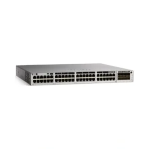 Front panel of Cisco C9300-48T-A displaying 48 Gigabit Ethernet ports with LED status indicators for enterprise networking.