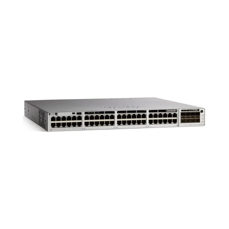 Front panel of Cisco C9300-48T-A displaying 48 Gigabit Ethernet ports with LED status indicators for enterprise networking.