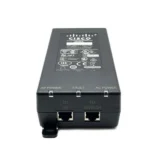 Close-up of Cisco AIR-PWRINJ6= PoE injector featuring single Ethernet input and output ports for power delivery.