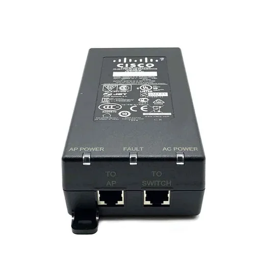 Close-up of Cisco AIR-PWRINJ6= PoE injector featuring single Ethernet input and output ports for power delivery.