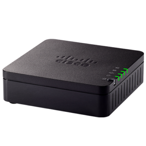 Front view of Cisco ATA 191 showing dual analog telephone ports with LED indicators for small business VoIP connectivity.