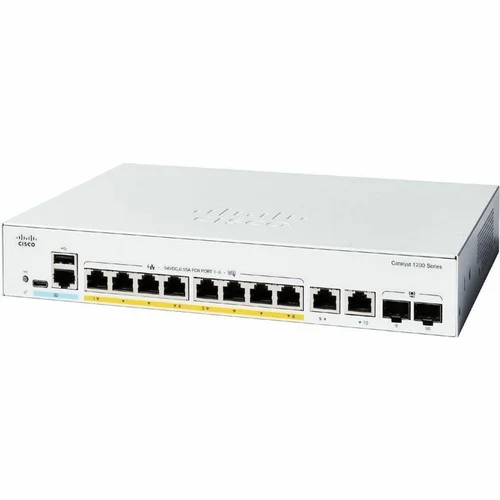 Compact and efficient 8-port Cisco C1200 PoE switch providing reliable enterprise networking with seamless device powering.