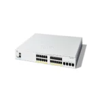 Angled side view of Cisco Catalyst C1300 24-Port Managed Switch highlighting compact chassis, rack-mount brackets, and ventilation for reliable performance.