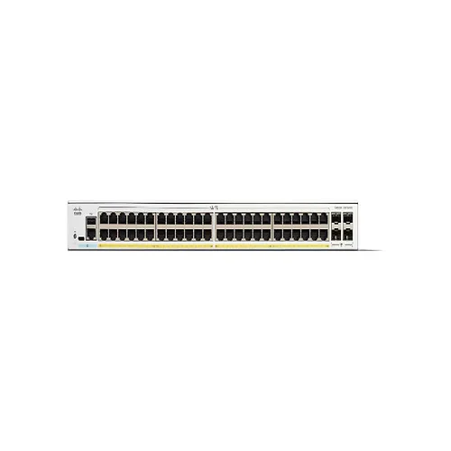 Front panel of Cisco C1300-48FP-4G Catalyst switch displaying 48 PoE-enabled ports with compact chassis design.