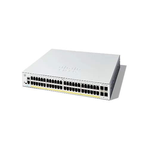 Angled side view of Cisco C1300-48FP-4G highlighting rack-mount structure and ventilation layout for optimized airflow.