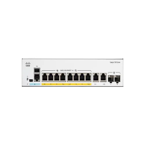 Front view of Cisco Catalyst C1300 10-Port Managed Switch showing 10 Ethernet ports and LED indicators for network monitoring.