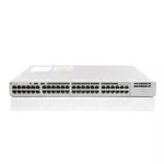 Cisco C9200-48PL-A network switch placed on a server shelf, designed for enterprise connectivity and power delivery.