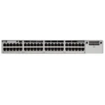 Angled shot of Cisco C9200-48PXG-A switch emphasizing its sturdy chassis design and efficient port arrangement for scalable connectivity.