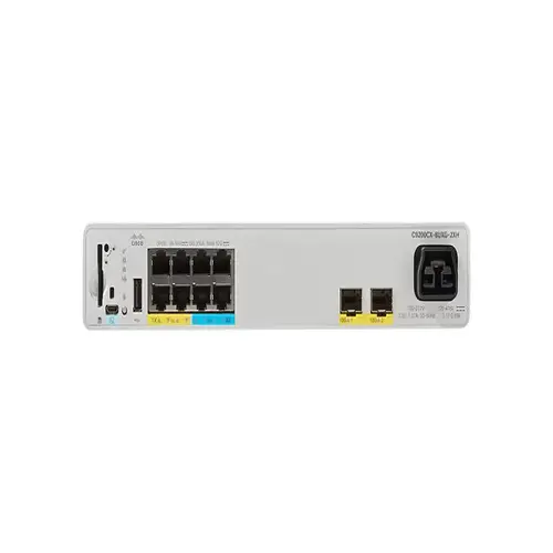 Front view of Cisco C9200CX-8UXG-2X-A highlighting its 8-port layout designed for high-speed enterprise network expansion.