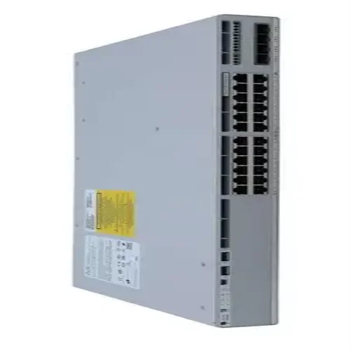 Angled perspective of Cisco C9200L-24PXG-4X-E chassis highlighting its compact structure and organized port layout for reliable network power delivery.