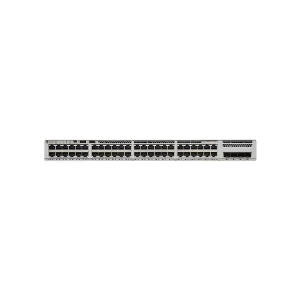 Front view of Cisco C9200L-48P-4X-A showcasing 48 PoE+ ports with LED indicators for advanced enterprise connectivity.