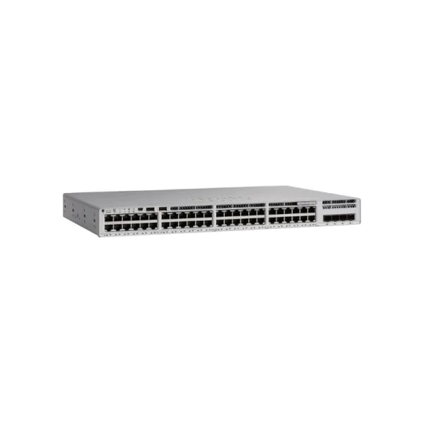 Angled perspective of Cisco C9200L-48P-4X-A highlighting sturdy chassis and ventilation design for reliable rack-mounted deployment.
