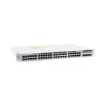 Front view of Cisco C9200L-48PL-4X-E showcasing 48 PoE+ ports designed for high-speed 10G connectivity in enterprise networks.