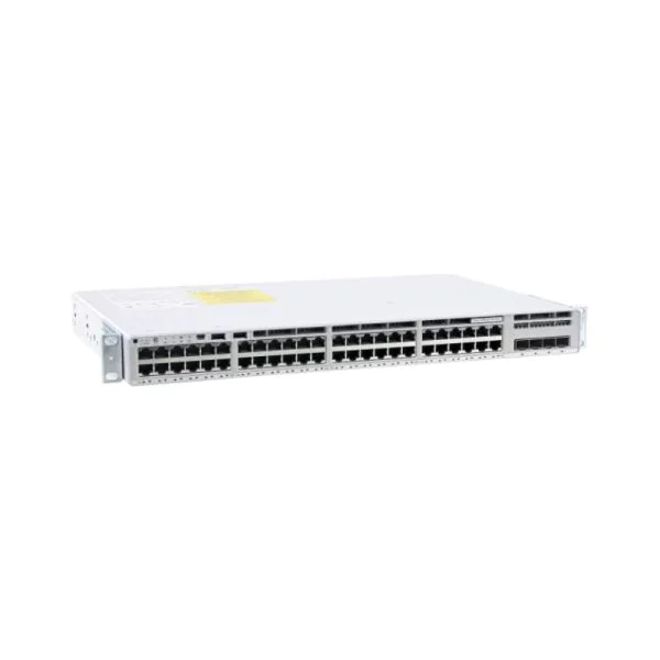 Front view of Cisco C9200L-48PL-4X-E showcasing 48 PoE+ ports designed for high-speed 10G connectivity in enterprise networks.