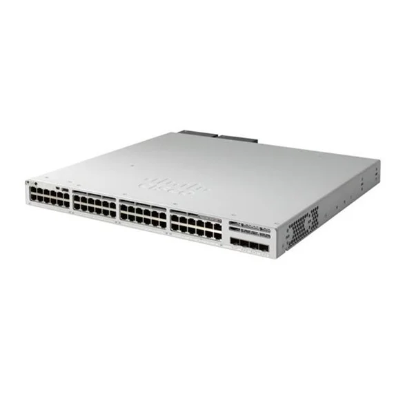 Angled perspective of Cisco C9200L-48PXG-4X chassis highlighting its compact build and efficient port layout for scalable connectivity.