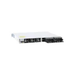 Angled perspective of Cisco C9300-24UX-A chassis highlighting its compact build and efficient port layout for high-performance connectivity.