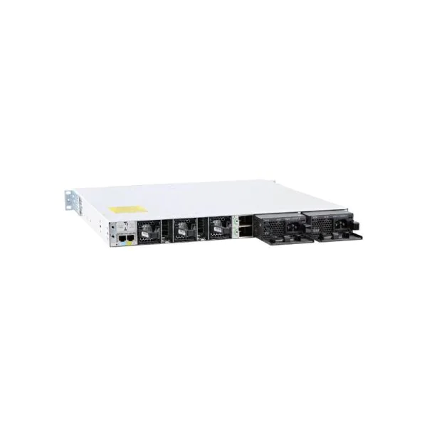 Angled perspective of Cisco C9300-24UX-A chassis highlighting its compact build and efficient port layout for high-performance connectivity.