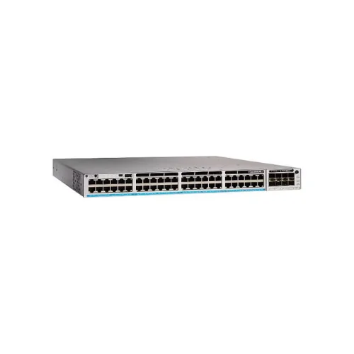 Angled perspective of Cisco C9300-48H chassis highlighting its robust build and structured port layout for reliable connectivity.