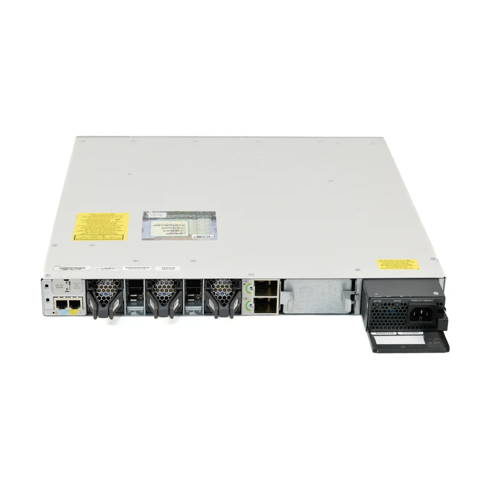 Angled perspective of Cisco C9300-48U-A chassis highlighting its compact design and advanced connectivity features for scalable business networks.