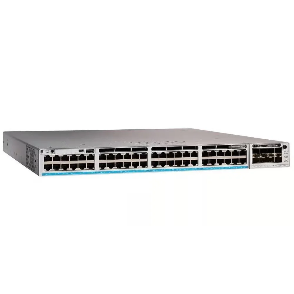 Front view of Cisco C9300-48U-A displaying its 48 UPOE ports designed for high-density, power-over-Ethernet enterprise networks.