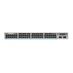 Front view of Cisco Catalyst 9300 48-Port Managed Switch showcasing full port layout and LED indicators for enterprise networking.