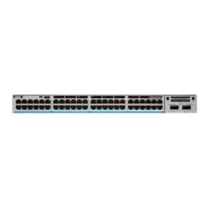 Front view of Cisco Catalyst 9300 48-Port Managed Switch showcasing full port layout and LED indicators for enterprise networking.