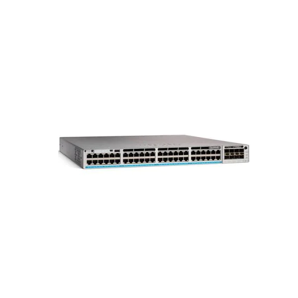 Angled perspective of Cisco Catalyst 9300 48-Port Managed Switch highlighting compact rack-mounted design and ventilation for high-performance operation.
