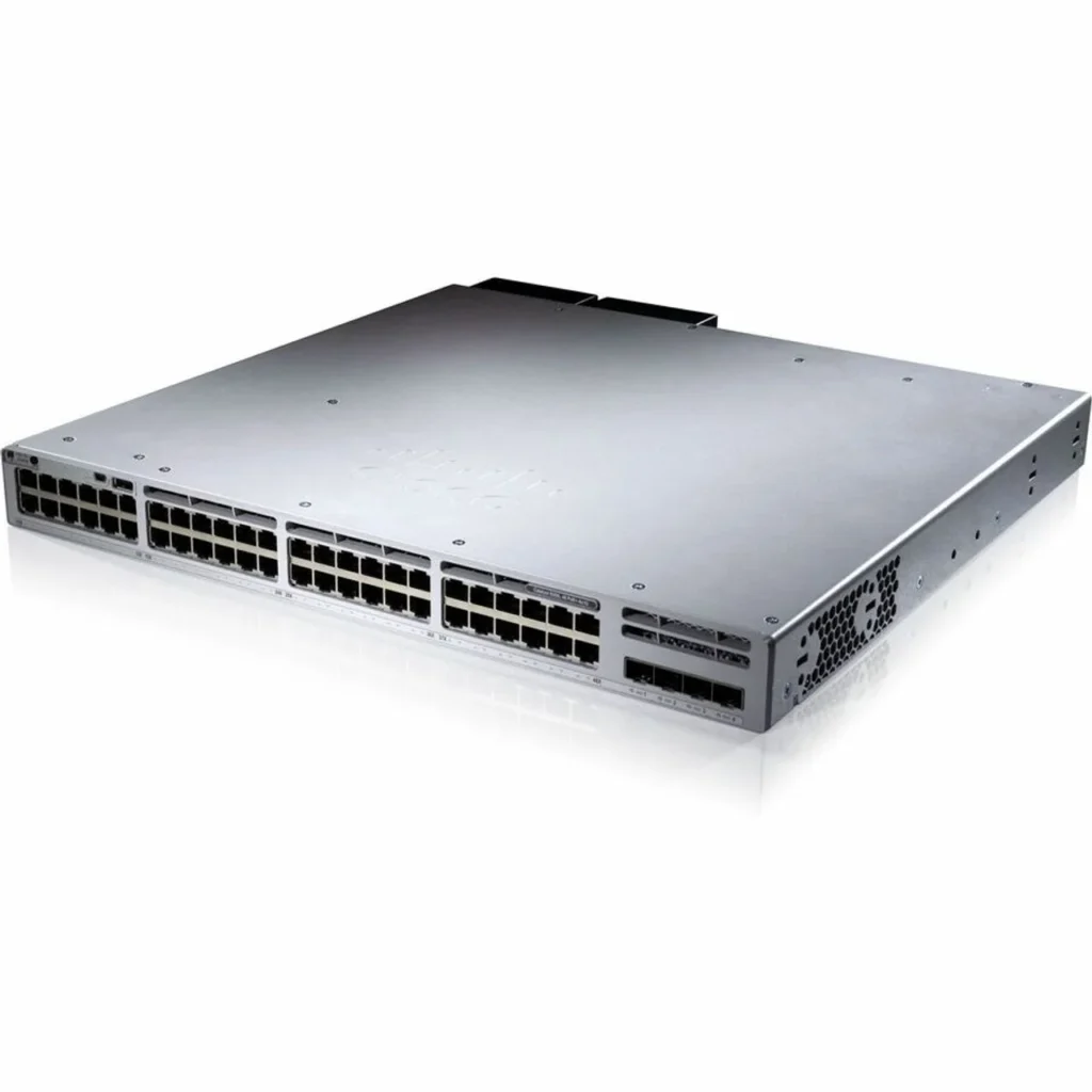 Angled perspective of Cisco C9300-48UN-M chassis highlighting its compact build and integrated uplink modules for reliable connectivity.