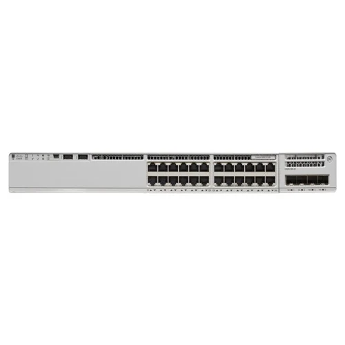 Front-facing view of the 9300L-24P-4X-E showcasing its PoE-ready port layout and compact enterprise chassis.