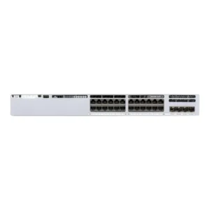 Front view of Cisco 9300L-24T-4X-A showing 24 Ethernet ports designed for efficient Layer 3 enterprise networking.