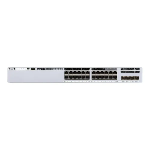 Front view of Cisco 9300L-24T-4X-A showing 24 Ethernet ports designed for efficient Layer 3 enterprise networking.