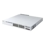 Angled perspective of Cisco 9300L-24T-4X-A chassis highlighting its compact design and organized port layout for scalable connectivity.