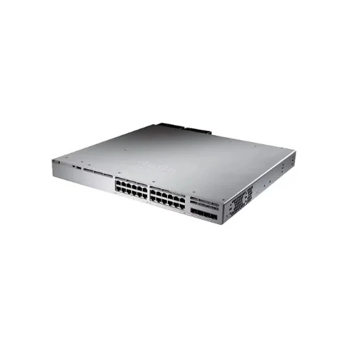 Front view of Cisco C9300L-24UXG-4X-A displaying 24 high-speed ports designed for scalable enterprise networking.