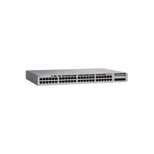 Front panel of Cisco C9300L-48UXG-2Q-A 48-Port switch showing high-speed 10G/40G uplink ports and compact chassis design.