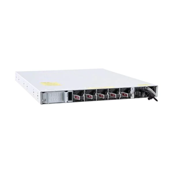 Angled perspective of Cisco C9500-16X-E switch highlighting its compact chassis and optimized layout for high-bandwidth data transmission.