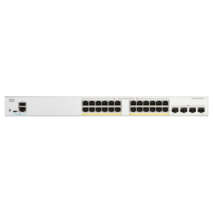 Front-facing network switch featuring a 24-port layout with uplink slots arranged for efficient rack deployment.